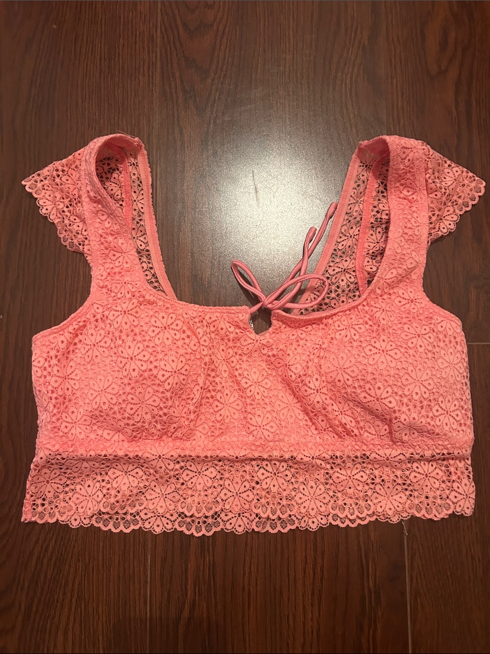 Lace Tie-Front Bralette in Coral Pink